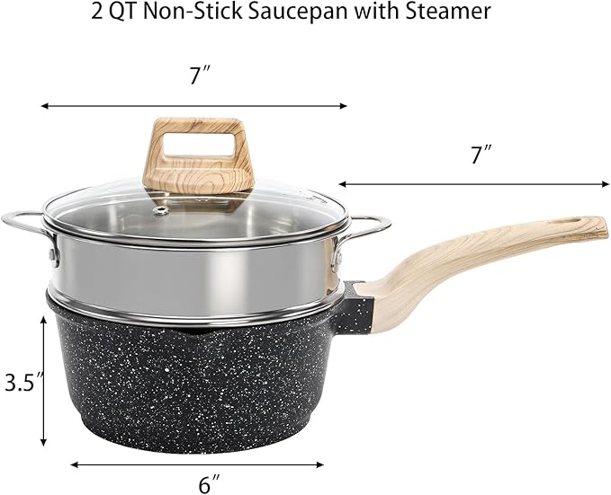 Jucoan 2 Quart Nonstick Saucepan with Lid & Steamer Basket, Small Nonstick Saucepan Cooking Steamer Pot with Pour Spout, Induction Safe, Non Toxic Granite Coating
