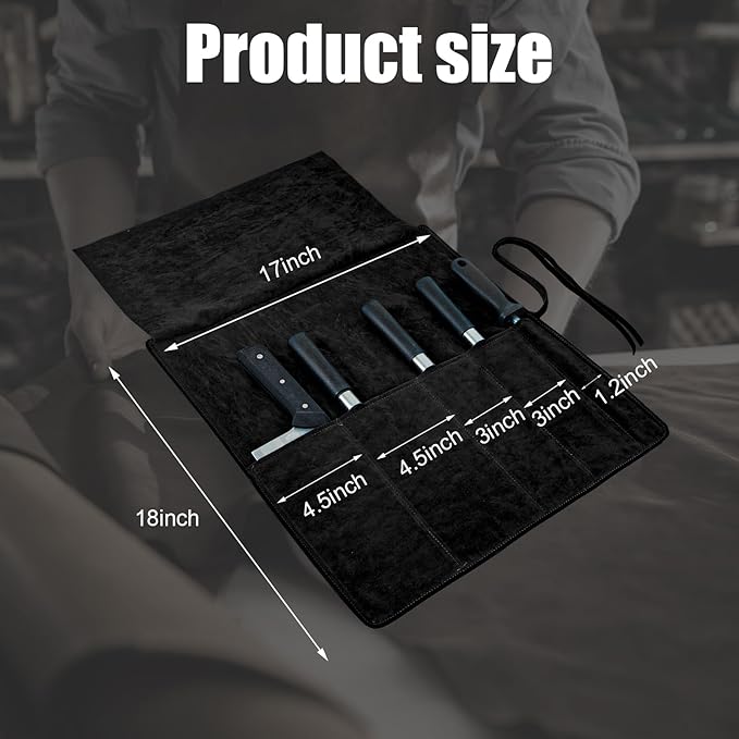 Genuine Leather Knife Roll, Knife Bags for Chefs Professional, Small Chef'S Knife,Knives Holders Protectors with 5 Slots (Black)