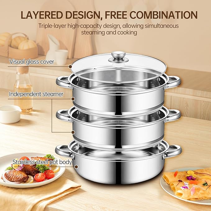 3-Tier Stainless Steel Steamer Pot with Lid, Multipurpose Steam Pots for Cooking, Vegetable & Dumpling Steamer Set with Durable Handles and Glass Lid for Fish, Meat, and Seafood