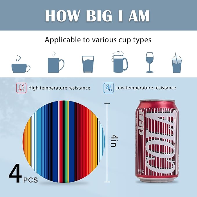 Coasters for Drinks,Mexican Stripes Colorful Ethnic Absorbent Coaster Set of 4 with Cork Base,Ceramic Drink Coasters for Cold Drinks Wine Glasses Cups Mugs,Housewarming Gifts for Home Decor
