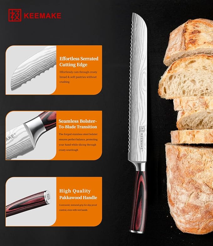 KEEMAKE Bread Knife 10 Inch, Ultra Sharp High Carbon Stainless Steel Serrated Bread Knife for Homemade Bread, Professional Bread Slicing Knives for Sourdough Bread, Bagels, Cake