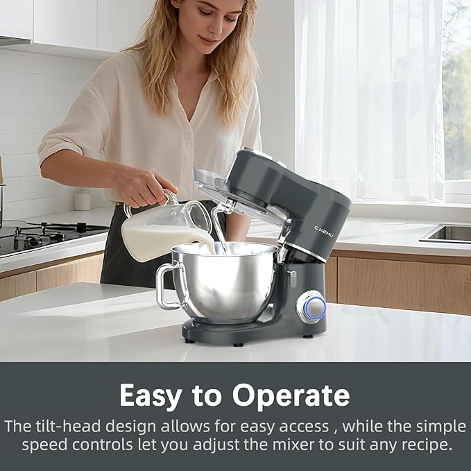 CKEMU Stand Mixer, 9-Quart Stainless Steel Bowl, 660W Professional Power, Multiple Speed Options, Sturdy Design, Easy to Clean, Lifetime Support, SM-1550(Grey)