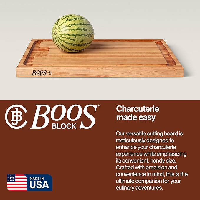 John Boos Aujus Series Rectangular Wooden Maple Cutting Board 24”x18” – 1.5” Thick, 18-lb Reversible Butcher Block with Sloped Juice Groove, Edge-Grain & Finger Grips – Made in the USA