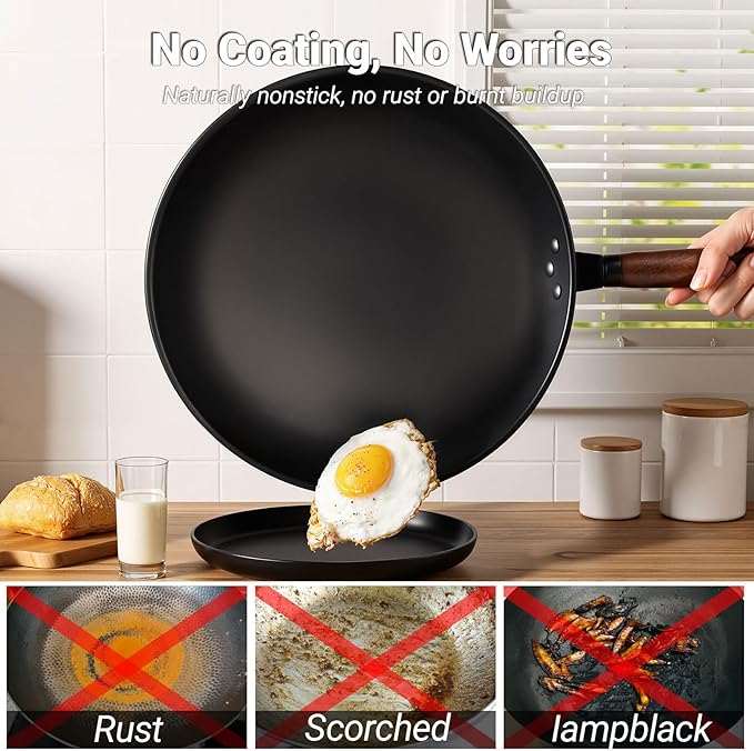 Abangdun Carbon Steel Wok Pan, Nitrided Pre-Seasoned Round Bottom Woks & Stir-Fry Pans Nonstick, Chinese Wok with Glass Lid & Steel Rack for Gas for All Concave Stovetops, Gift for Chef - 13.4"