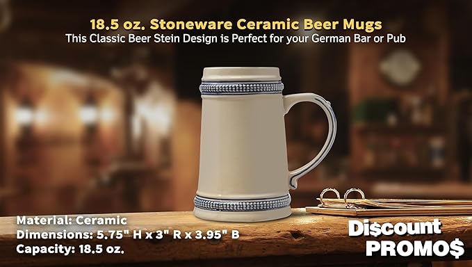 DISCOUNT PROMOS Ceramic German Beer Steins 18.5 oz. Set of 6, Bulk Pack - Restaurant Barware, Great for Oktoberfest, Wedding, Party, Birthday, Events - Blue