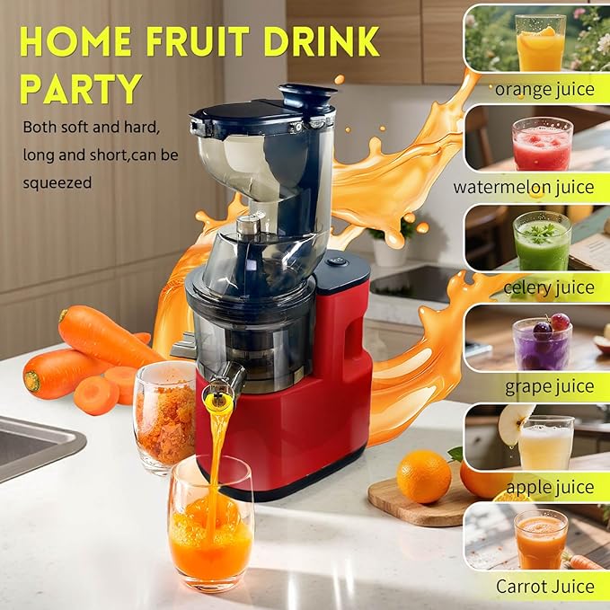 Cold Press Juicer Machines Slow Masticating High yield Pulp separation Can make fruit ice cream Multi-Functional for Home Commercial Use Wide Feed Chute (red)