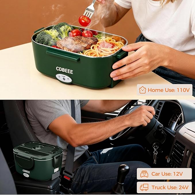 Electric Lunch Box Food Warmer-80W Fast Heating, 1.5L Leak-Proof 304 SS Container,12V/24V Car/Truck & 110V Home/Office, Portable for Drivers/Workers, Ideal for Trips/Work Lunches（Dark-green）