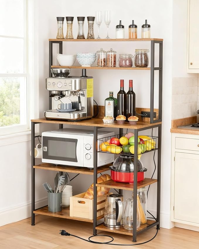 Garvee Kitchen Bakers Rack with Power Outlet, 35 * 60inch Microwave Oven Stand with Storage 4 Tiers, Coffee Bar Table with 5 S Hooks, Kitchen Storage Shelf Rack for Spices, Pots, Rustic Brown