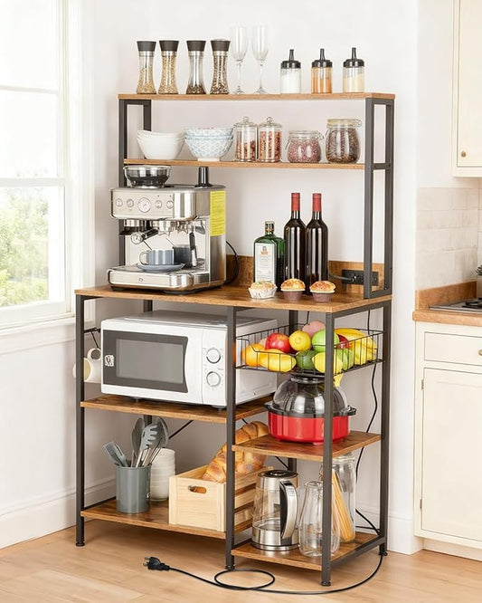 Garvee Kitchen Bakers Rack with Power Outlet, 35 * 60inch Microwave Oven Stand with Storage 4 Tiers, Coffee Bar Table with 5 S Hooks, Kitchen Storage Shelf Rack for Spices, Pots, Rustic Brown