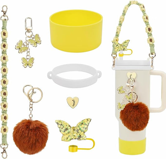 Accessories Set Including Water Bottle Handle Strap, Silicone Boot, Resin Butterfly Straw Cover, Straw Topper, Lip Balm Sleeve, Butterfly & Hairball Charms for Stanley Cup Tumbler