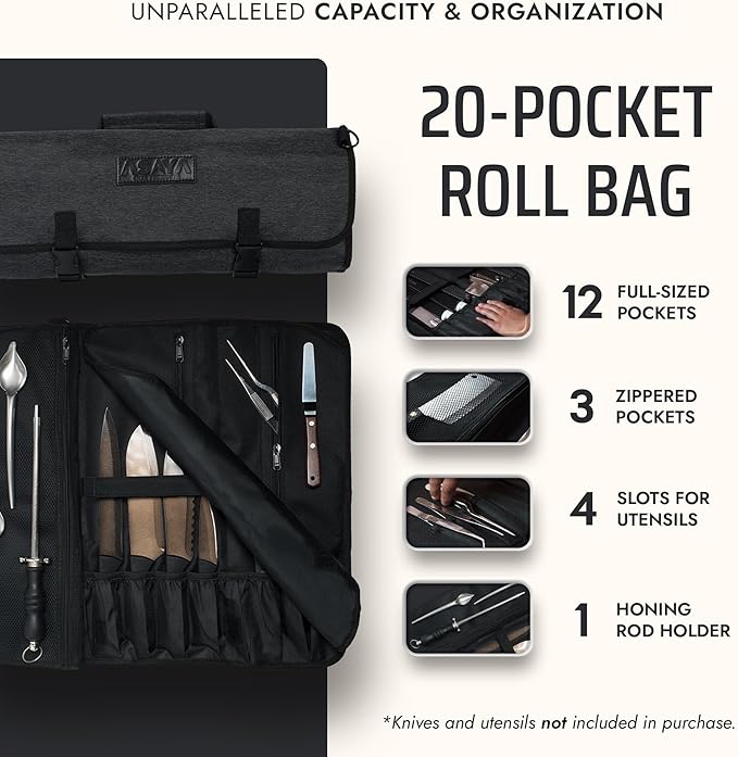 Asaya Chef Knife Roll Bag - 20 Total Pockets for Knives and Kitchen Utensils - Made with Stain Resistant Waxed Nylon - For Chefs and Culinary Students - Knives Not Included(Black)