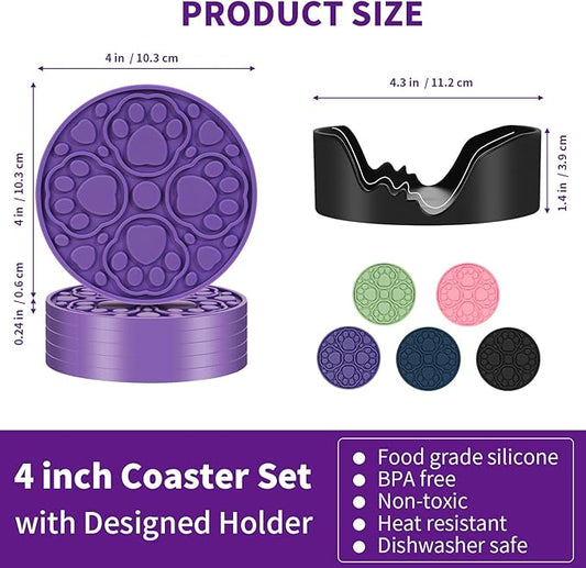 6 Pack Purple Silicone Coffee Coasters with Holder, 4 Inches Non-Slip Decorative Round Coaster for Tabletop, Desk Dishwasher Safe Cup Mat for Bar, Drinks, Beer