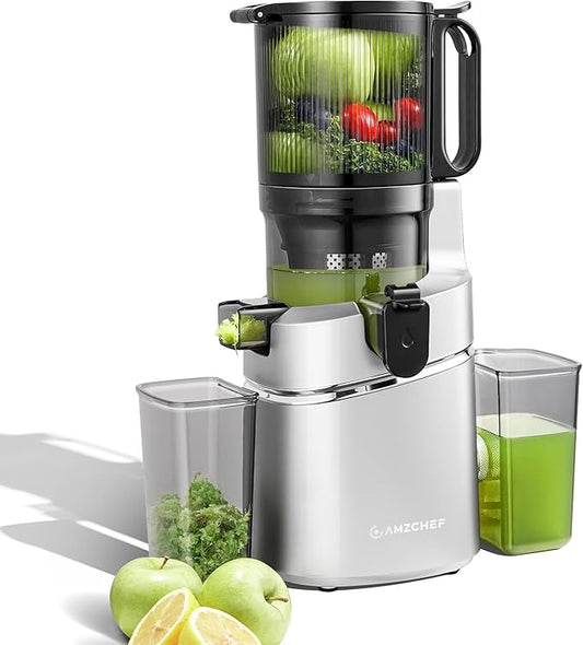AMZCHEF Juicer Machines, 5.8" Extra Self-Feeding Cold Press Juicer for Whole Vegetable & Fruit, Juice Extractor Machine with Large Auger & Triple Strainers, Easy to Clean, High Juice Yield, Silver