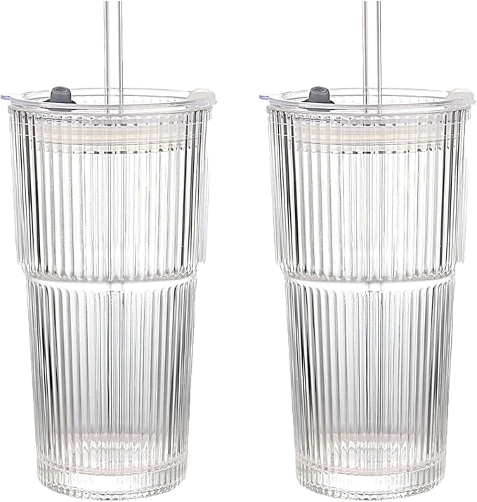 18oz Ribbed Glass Tumbler with Lids & Straws, Set of 2 -Vintage Ribbed Iced Coffee Cups, Reusable Smoothie & Cocktail Drinking Glasses - Perfect for Daily Use & Travel