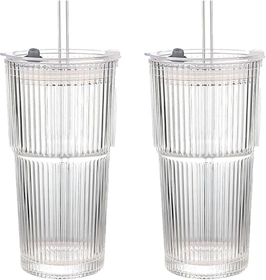 18oz Ribbed Glass Tumbler with Lids & Straws, Set of 2 -Vintage Ribbed Iced Coffee Cups, Reusable Smoothie & Cocktail Drinking Glasses - Perfect for Daily Use & Travel