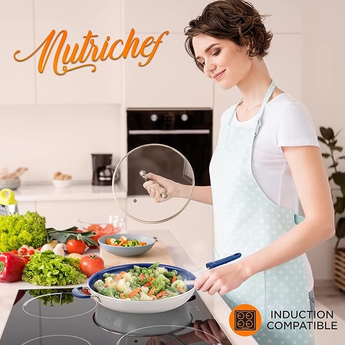 NutriChef 14" Non-Stick Large Frying Pan, Ceramic Coating, Stainless Steel Aluminum Frying Pan with Silicone Handle, Stain-Resistant, PFOA Free – Safe for Gas, Electric, Induction, Ceramic Cooktops