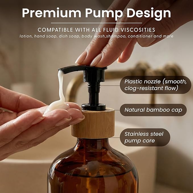 MaisoNovo Glass Dish Soap Dispenser for Kitchen Set of 2-16.9oz Amber Dish and Hand Soap Dispenser Set for Kitchen - Amber Glass Bottles x 2 with Black Bamboo Pumps & Tray