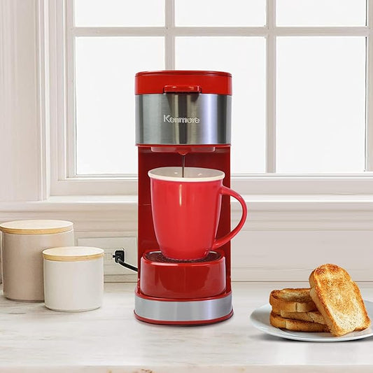 Koolatron Kenmore Single Serve Coffee Maker & Stainless Steel Travel Mug, Capsule/Pod & Ground Coffee Brewing, K Cup Compatible, Hot & Iced Coffee Machine, 6 to 14 Oz Brew Sizes, Auto Shut-Off, Red
