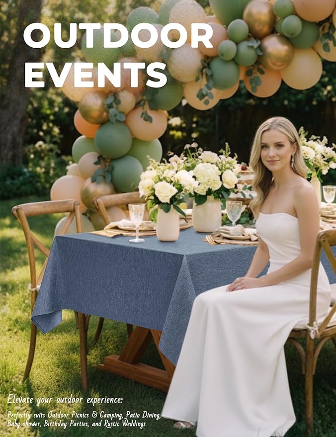 Faux Linen Farmhouse Table Cloth 60"x144" for 10 ft Rectangle Table, Denim Blue Waterproof Outdoor Washable Tablecloth for Rectangular Dining Room Kitchen Outdoor Party Restaurant Table
