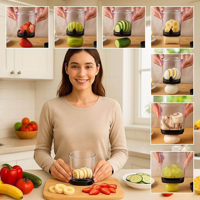 Hendiy Strawberry Slicer with Stainless Blades | Egg & Fruit Slicer Cup for Banana, Cucumber, Mushroom | ABS Detachable Kitchen Gadget - Precision Berry Cutter Tool (Black, 1-Pack)