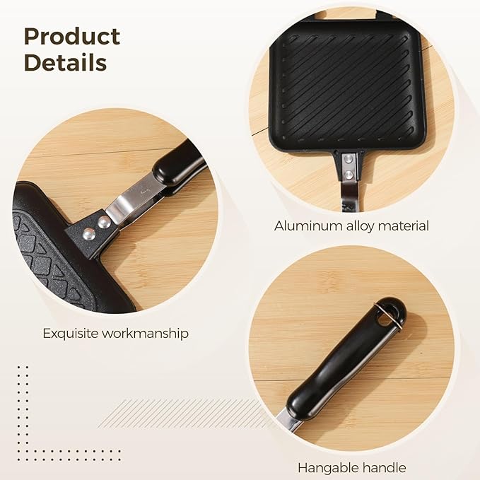 BOSREROY Stovetop Grill Panini Press, Maker Sandwich Double-Sided Panini, Griddle Waffle Non-Stick, Tray Baking Alloy Aluminum Portable, Grill Camping Home Kitchen Easy Clean
