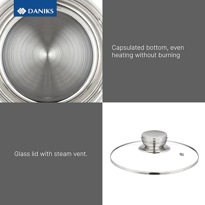 Daniks Standard 4 Quart Stainless Steel Stock Pot with Glass Lid, Try-Ply Bottom for Even Heating, Induction Compatible, Dishwasher Safe, Built-In Measuring Scale, Silver