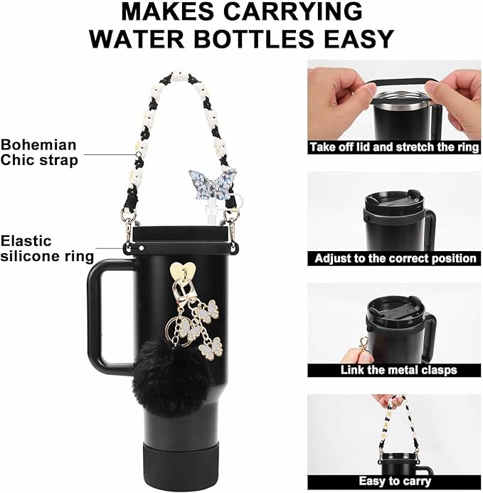 Accessories Set Including Water Bottle Handle Strap, Silicone Boot, Resin Butterfly Straw Cover, Straw Topper, Lip Balm Sleeve, Butterfly & Hairball Charms for Stanley Cup Tumbler