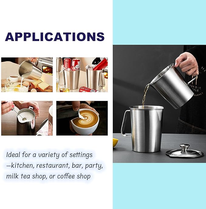 2L Measuring Cup, 304 Stainless Steel Pitcher with Lid, Liter/Oz Marking and Handle, Large Mouth Graduated Beaker, Food-grade Metal Milk Frothing Pitcher (70Oz 8 Cup)