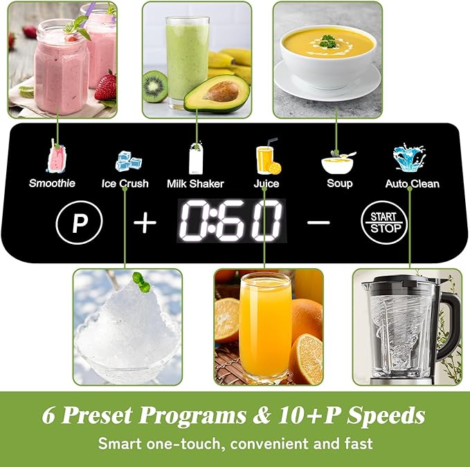 HoninJoy Blenders for Kitchen, Countertop Smoothie Blender with 51oz Glass Pitcher, Grinder & To-Go Cup Combo, 10 Speeds Digital Touchscreen Blender for Smoothies, Shake, Crush Ice, Dishwasher Safe