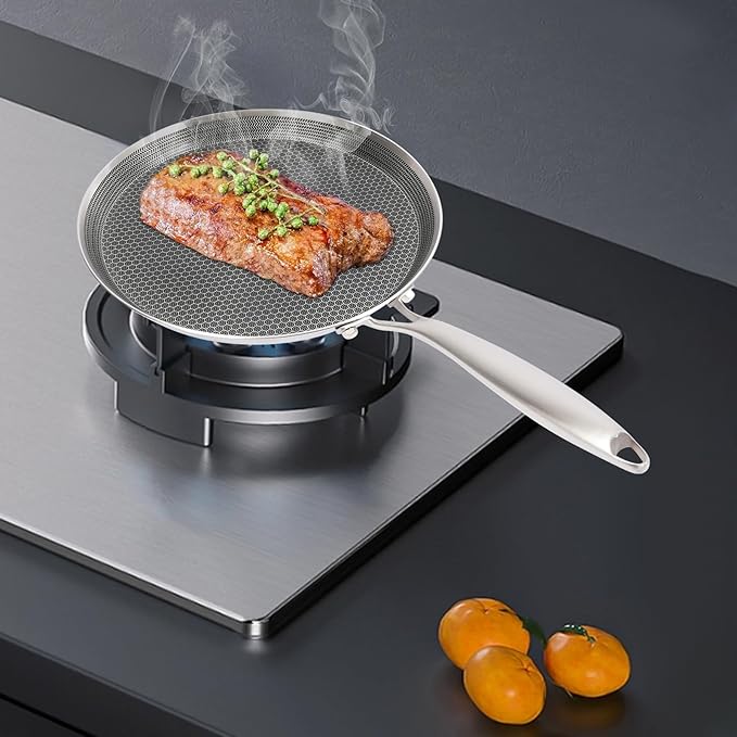 Stainless Steel Crepe Pan 11-inch, Honeycomb Nonstick Pancake Pan with Extended Handle, Multi-Layer Fast Heating Cooking Pan for Gas/Induction Stoves