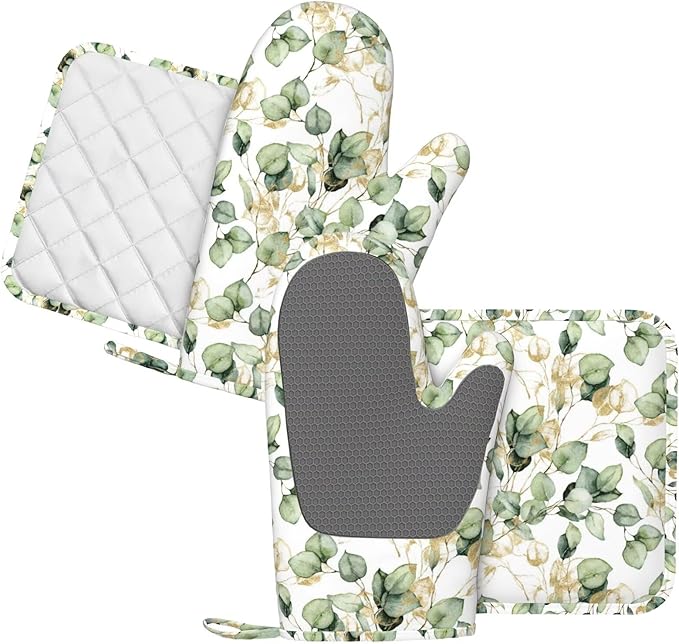 Gold Eucalyptus Branches Silicone Oven Mitts and Pot Holders Sets Green Leaves Kitchen Mitts Potholder Kitchen Accessories for Cooking Baking BBQ