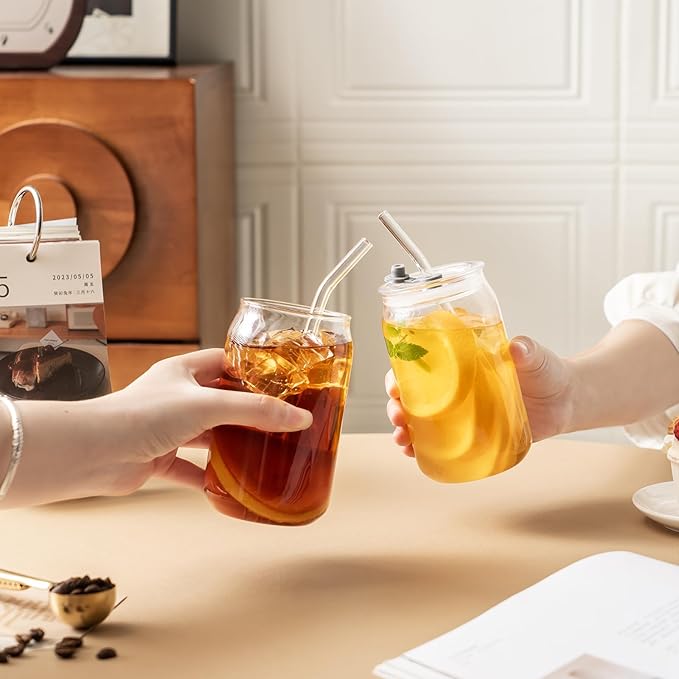 Leakproof Glass Cups with Plastic Lids and Straws, 16oz Iced Coffee Cup, Drinking Glasses Tumbler for Water, Boba Tea, Smoothie - 12pcs