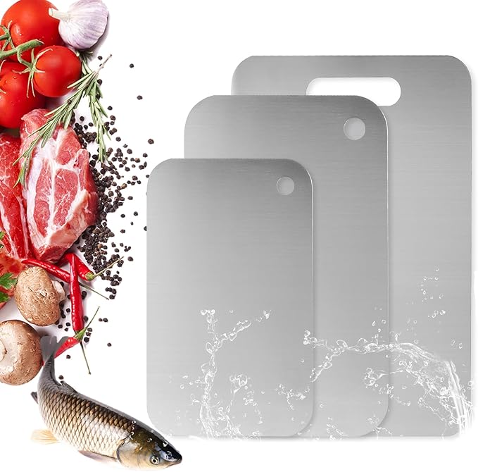 Stainless steel chopping board, food-grade 304 kitchen cutting board, double-sided use, available in three sizes, odorless, easy to clean and non-toxic three-piece set