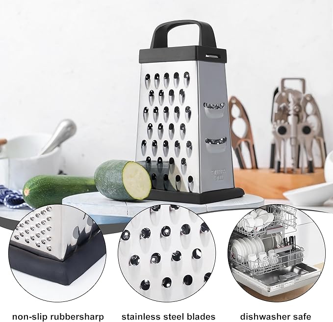 Cheese Grater, Mini Size 4-Sided Stainless Steel Grater, Food Shredder for Cheese, Parmesan, Vegetable, Dishwasher Safe, Black