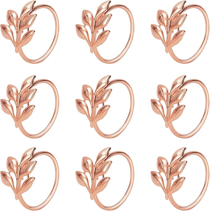 KPOSIYA Set of 12 Leaf Napkin Rings Metal Gold Napkin Holder Table Napkin Rings for Thanksgiving Day Christmas Dinning Table Parties Everyday (Ye Zi-Rose Gold 12)