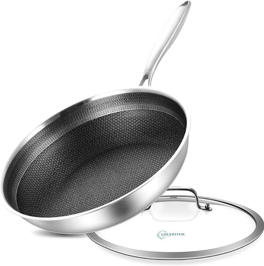 LOLYKITCH 10 In Hybrid Nonstick Stainless Steel Sauté Pan with Lid,Deep Frying Pan,Skillet,Induction Pan,Heavy Duty and Oven Safe,Detachable Handle.