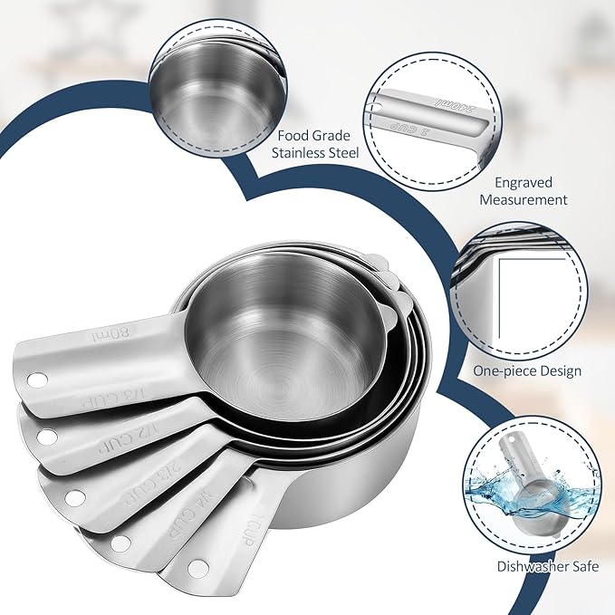 Measuring Cups 7 Pieces Stainless Steel Measuring Cups for Baking Cooking Metal Measurings Cup for Dry or Liquid Ingredients Measurement, Stackable, Dishwasher Safe