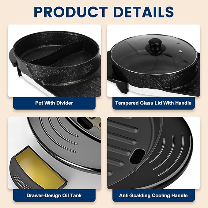 Electric Hot Pot with Grill, 2200W Shabu Shabu Korean BBQ Grill Cooker, 2-IN-1 Indoor Smokeless Non-Stick Hotpot, Separate Temperature Control, 5 Gears Firepower, for 2-10 People
