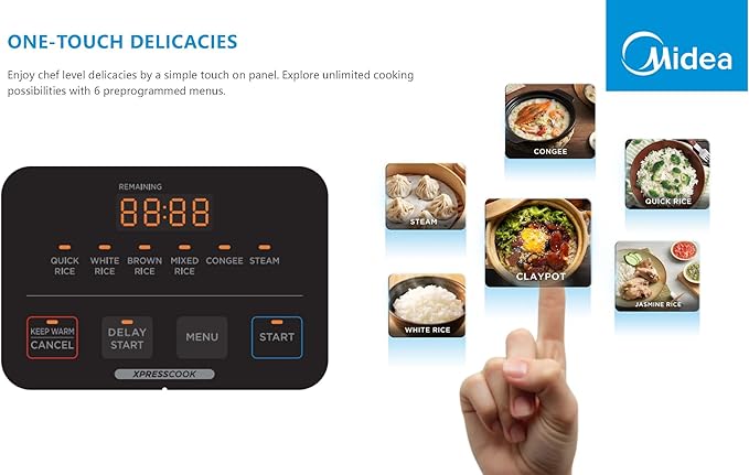Midea Rice Cooker Slow Cooker Multi Cooker 10 Cup with Steamer Basket For Rice Food Vegetable Egg Automatic Keep Warm LED Digital Control (Black)