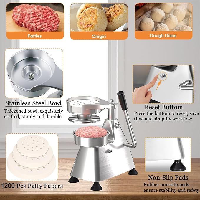 CTJ 3 in 1 Commercial Burger Patty Maker 4/5/6 Inch Hamburger Press - Heavy Duty Stainless Steel Beef Press Patty Maker with 1200 Pcs Patty Papers for Beef Pork Chicken Patty