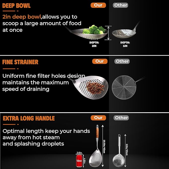 MARTE 16.5in 304 Stainless Steel Skimmer Slotted Spoon - Pasta Spider Strainer Ladle for Cooking and Frying - Kitchen Metal Scoop Colander With Heat Resistant Wooden Handle