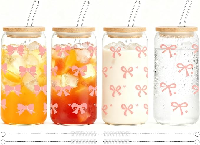 Pink Bow Glass Cups with Lids and Straws, 4 Pcs 16 OZ Coquette Bow Aesthetic Glass Iced Coffee Cup Smoothie Reusable Mug Tumbler for Girls Women Sister