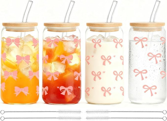 Pink Bow Glass Cups with Lids and Straws, 4 Pcs 16 OZ Coquette Bow Aesthetic Glass Iced Coffee Cup Smoothie Reusable Mug Tumbler for Girls Women Sister