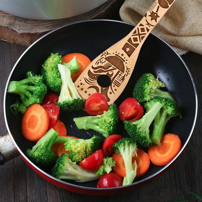 Ancient Totem Retro style Gift Idea Cooking Serving Utensils Natural Bamboo Kitchen House Warming Presents Slotted Wooden Spoons for Cooking Utensils Set of 5…