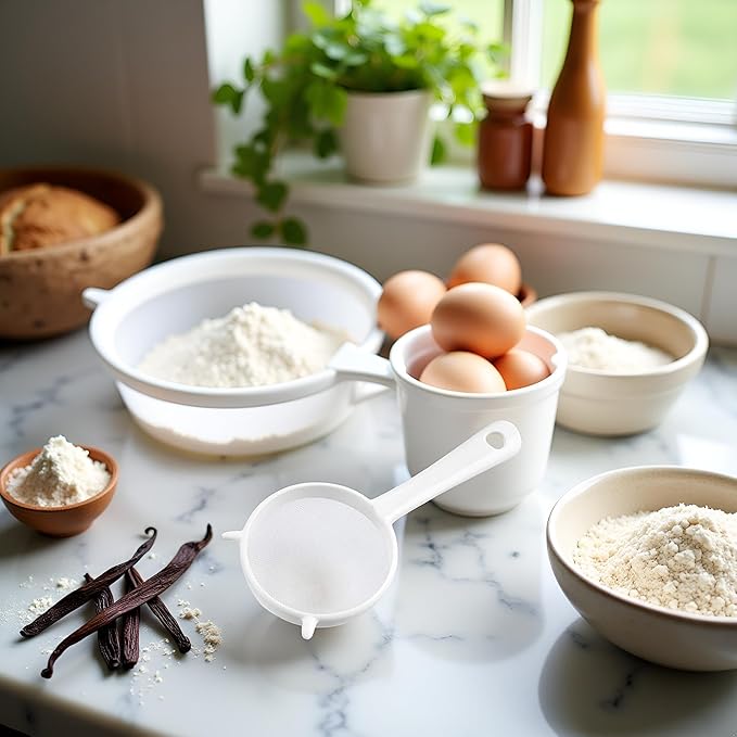 White Mesh Kitchen Sifter, Plastic Mesh Strainers Sieve, Colanders and Sieve with Handle for Tea Pasta Flour Rice Fruits Vegetable, Food Strainers