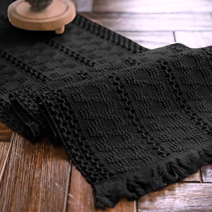 Alynsehom Macrame Table Runner Pure Black Boho Table Runners with Tassels Hand Woven Cotton Table Runner Rustic Farmhouse Table Runners for Bohemian Kitchen Dining Table(12x36in)