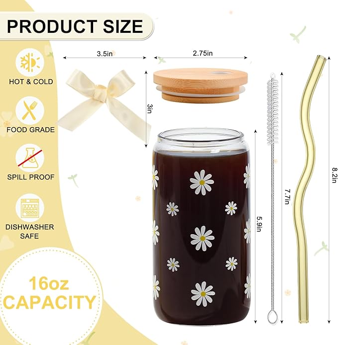 Cute Glass Cups with Lids and Straws, Teen Girl Birthday Gifts Daisy Iced Coffee Cup, Beige Aesthetic Mug Tumbler for Birthday Mothers Day Christmas Valentines Coffee Lover 16oz