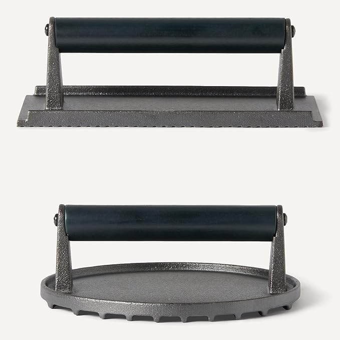 Amazon Basics Cast Iron Burger Press, 6.8 inch Round & 11.3 x 8.3 inch Rectangle, Black, 2pcs Set