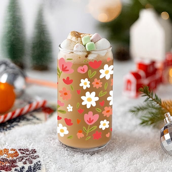 Cute Pink Flower Drinking Glass Cups with Lid and Straw Gifts for Women Daughter Niece Friends,Floral Daisy Wildflower Ice Coffee Glass Cup Gifts for Birthday Christmas,Coffee Lover Gift for Her
