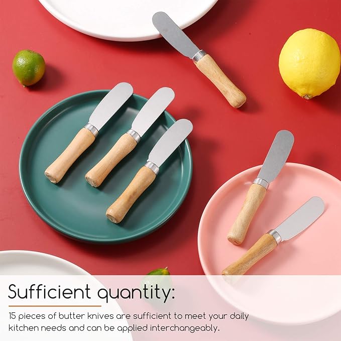 Patelai 15 Pieces Mini Butter Spreader Knife Bulk 4. 5 Inch Wide Blade Stainless Steel Knife with Wood Handle Multipurpose Cheese Butter Spreader Knives for Kitchen Birthday Wedding Christmas